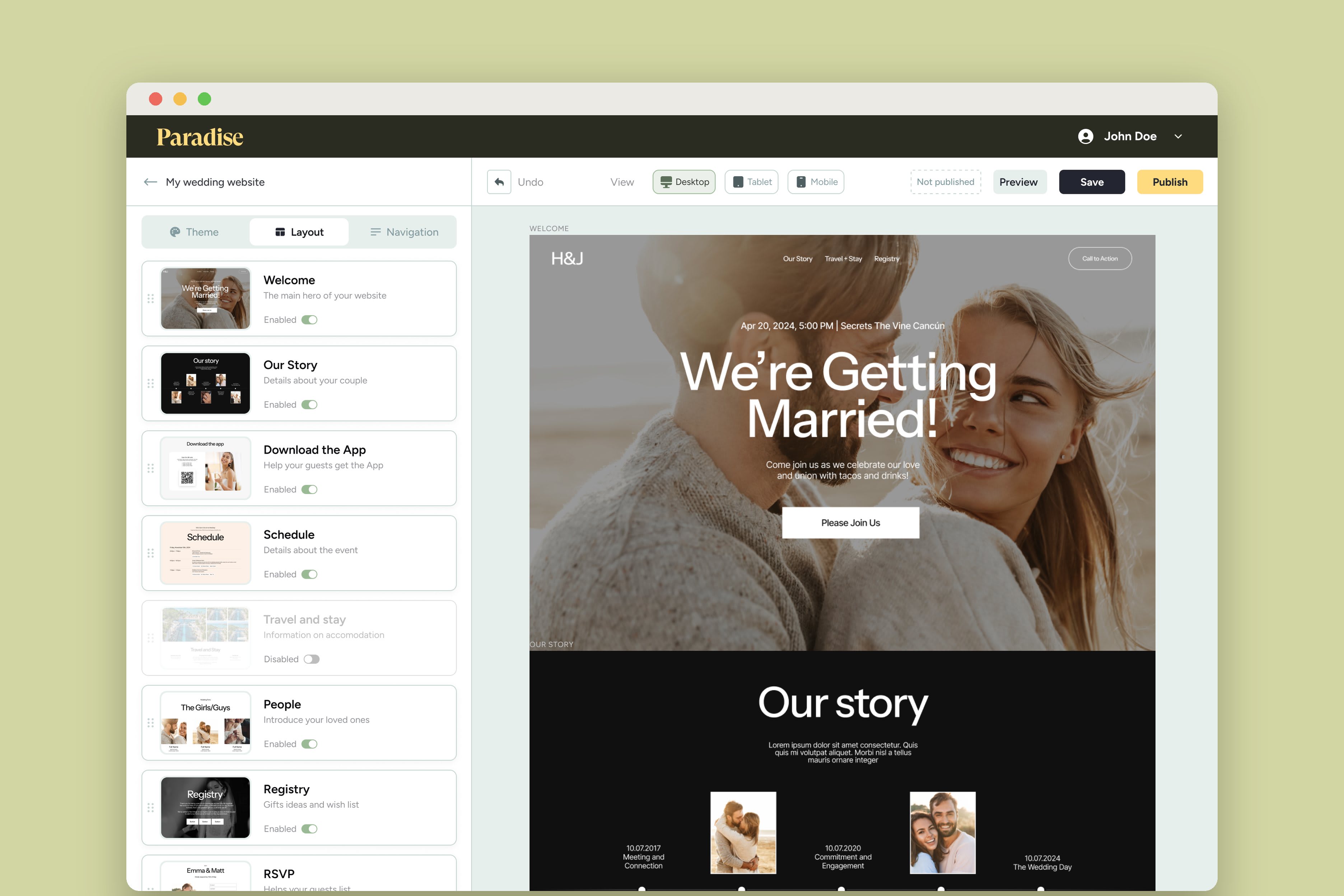 The website editor: sections switched on and off on the left, the live wedding website on the right