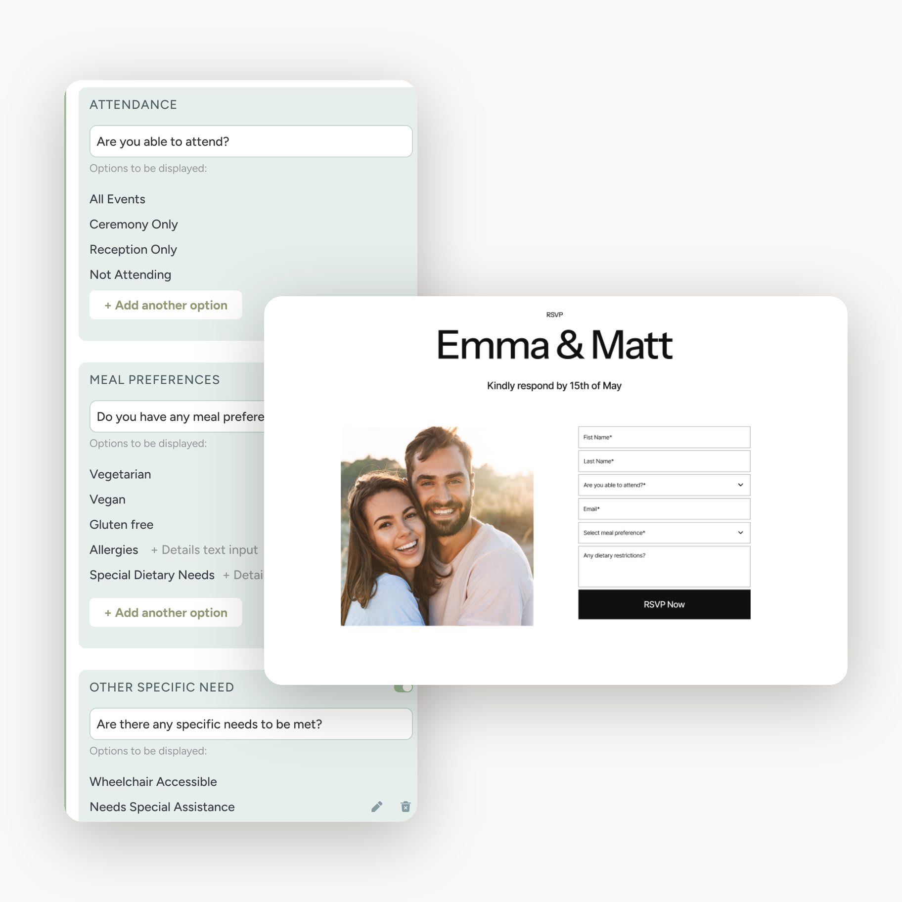 RSVP settings for attendance and meal preferences next to the guest-facing RSVP form