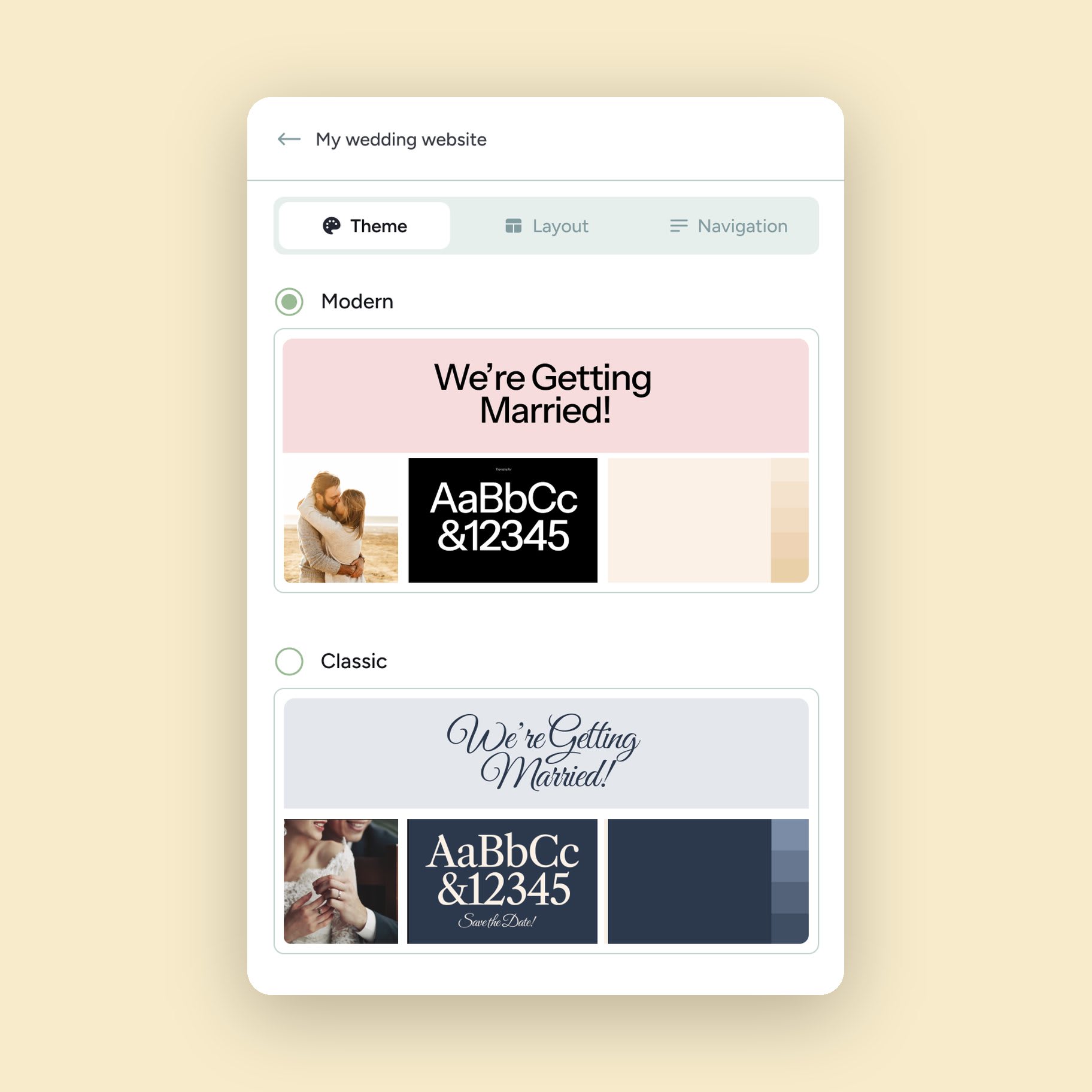The theme picker with the Modern and Classic wedding website styles