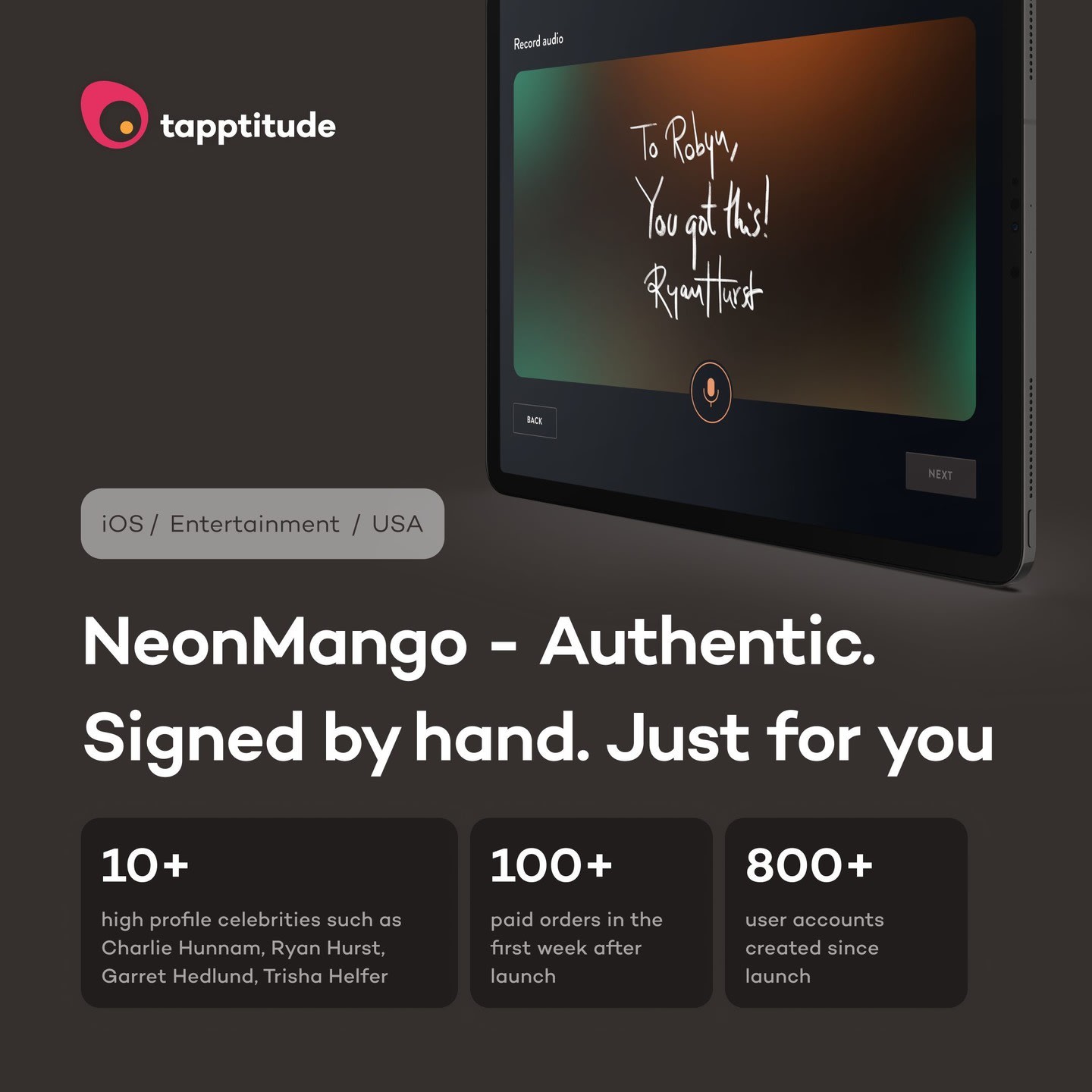 Here's our latest case study on NeonMango, a platform revolutionizing how fans interact with their favorite celebrities! 

NeonMango transforms the traditional autograph experience into an extraordinary digital journey. Fans can now enjoy personalized interactions from the comfort of their homes, featuring moving portraits, customized soundtracks, and heartfelt messages directly from their idols. 

Dive into the full case study on our blog to see how NeonMango is setting a new standard in fan-celebrity interactions. Experience the future of fandom today! 

Link to case study in the bio.

#tapptitude #tappsquad #digitalautographs #techinnovation #entertainment  #ios