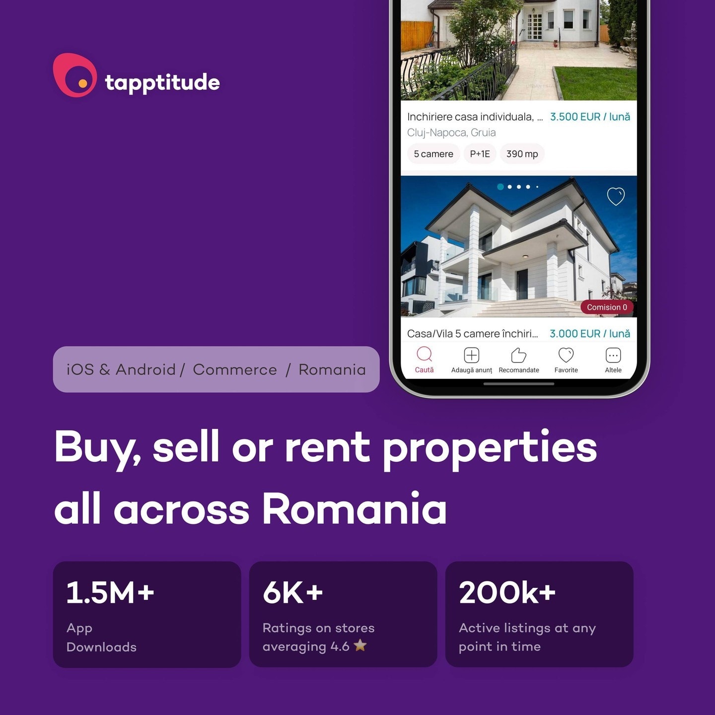 Here's a detailed case study about our collaboration with Imobiliare.ro, Romania's leading real estate portal! 🏡

Our team was tasked with designing and developing native mobile applications for both iOS and Android. These apps have been crafted to simplify the complex processes of renting, buying, and selling properties.

Imobiliare is not just the biggest real estate advertising portal in Romania, reaching over 1 million unique visitors monthly; it's also been a part of the Swiss Ringier group since the spring of 2016.

Today, Imobiliare stands as the most renowned real estate platform in Romania, and we're proud to have played a part in this success story. 

Ready to embark on your next app development journey with confidence? Start your project with us today and see your ideas come to life. 

Check out the full case study here: https://tapptitude.com/case-studies/imobiliare 
#tapptitude #tappsquad #imobiliare #commerce