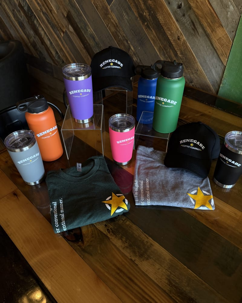 Renegade tumblers, insulated flasks, logo hats and tees on display