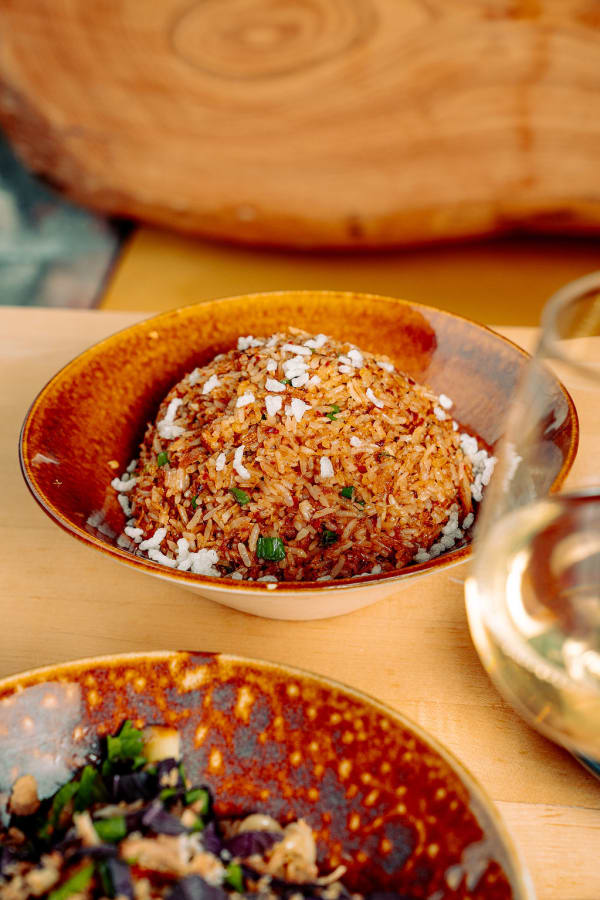 House fried rice and a glass of white wine at HaiSous happy hour