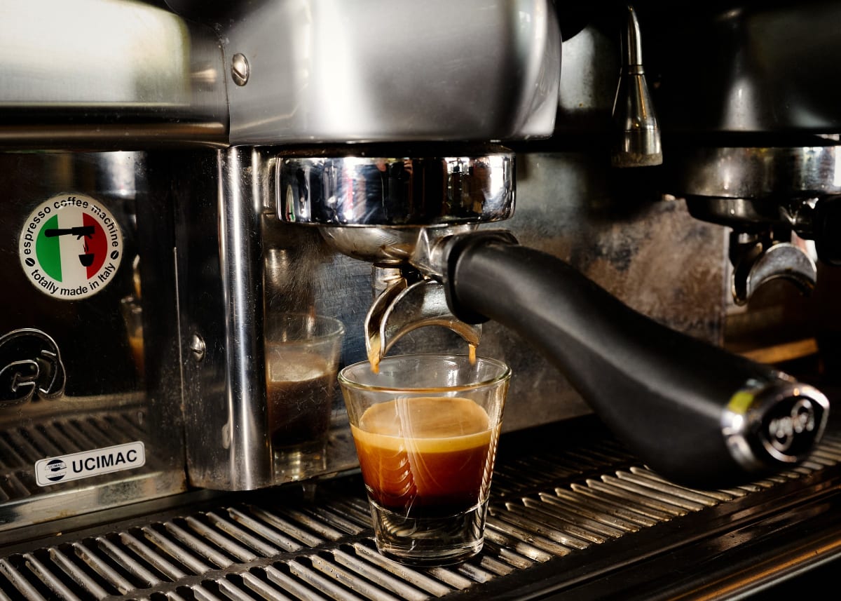 A double shot of espresso pulling into a glass at the Renegade espresso bar