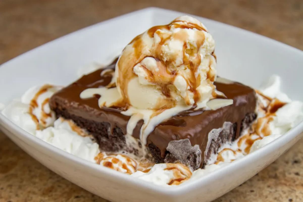 Brownie sundae with ice cream and whipped cream