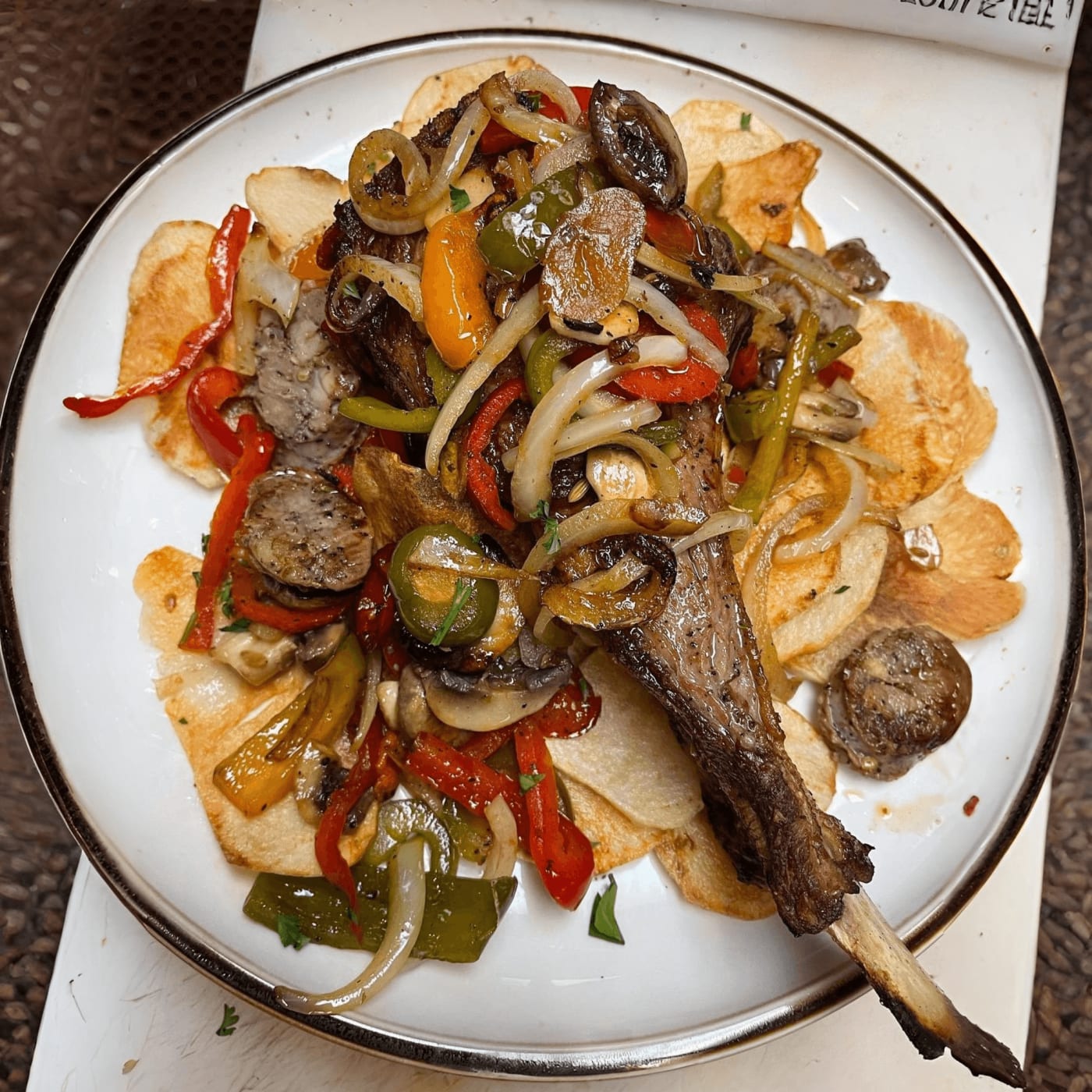 A platter of Italian sausage, peppers, onions and mushrooms with house potato chips
