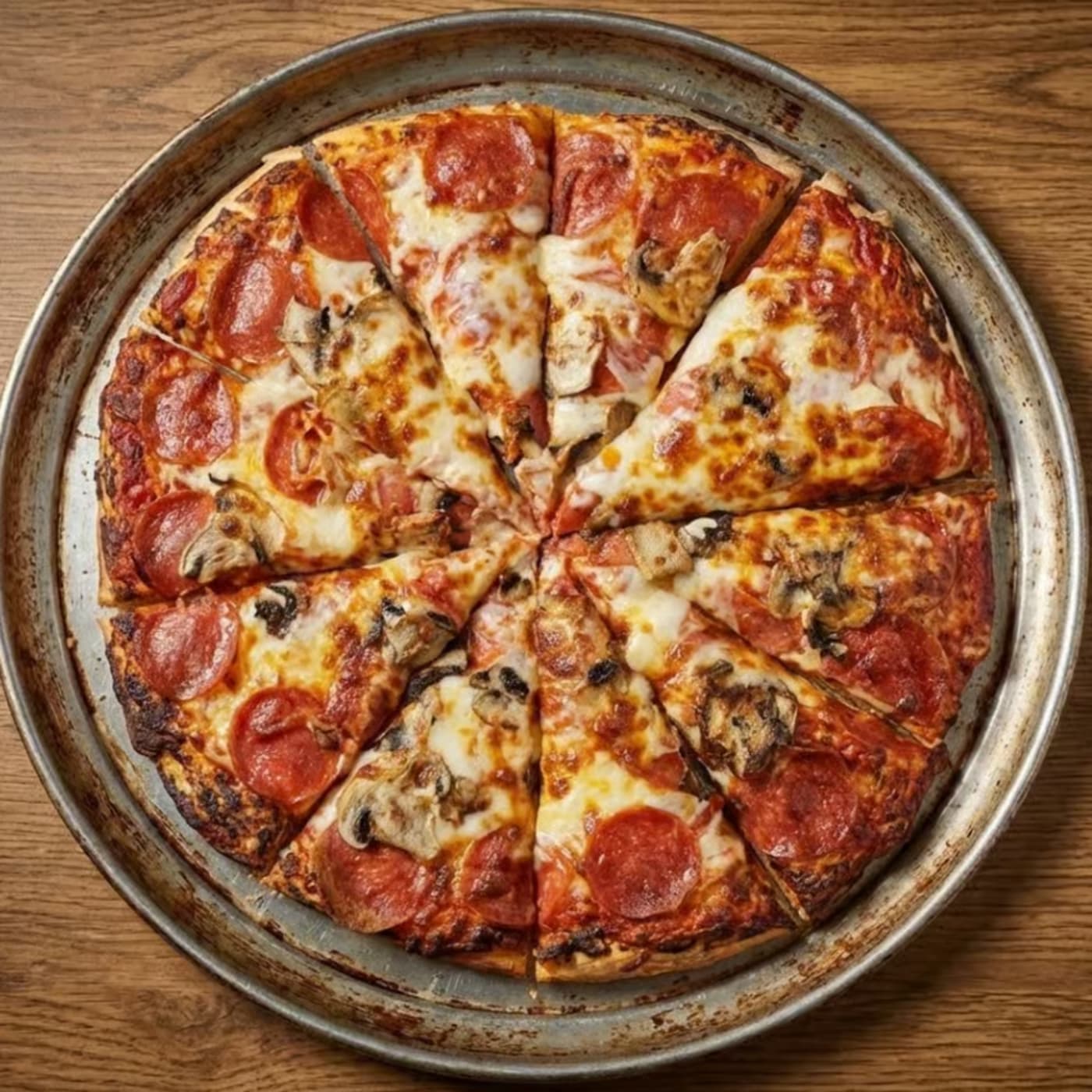 Pepperoni and mushroom pizza sliced in a metal pan