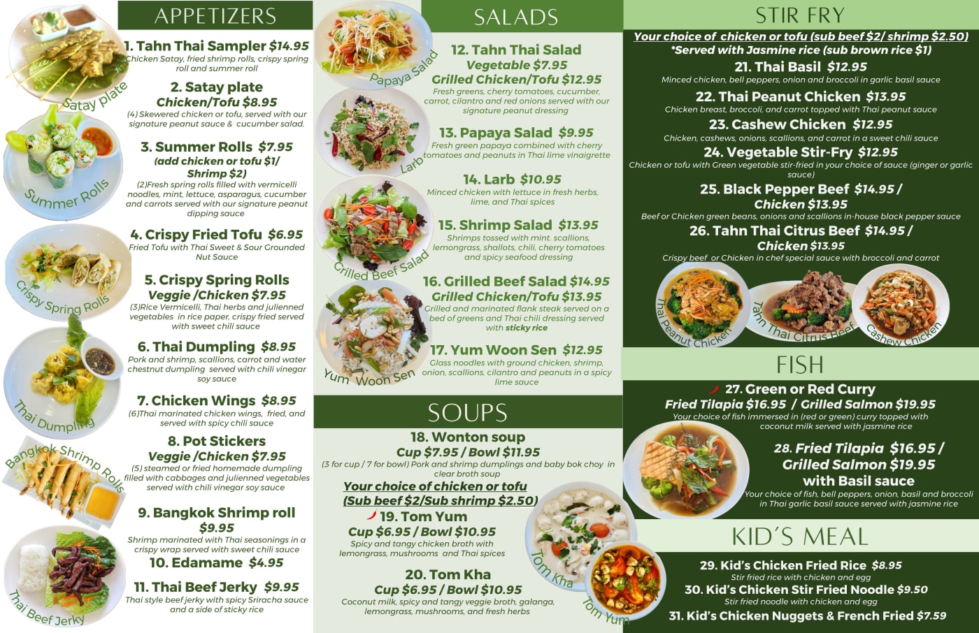 Tahn Thai menu front with prices: Appetizers, Salads, Soups, Stir Fry, Fish and Kid&rsquo;s Meal