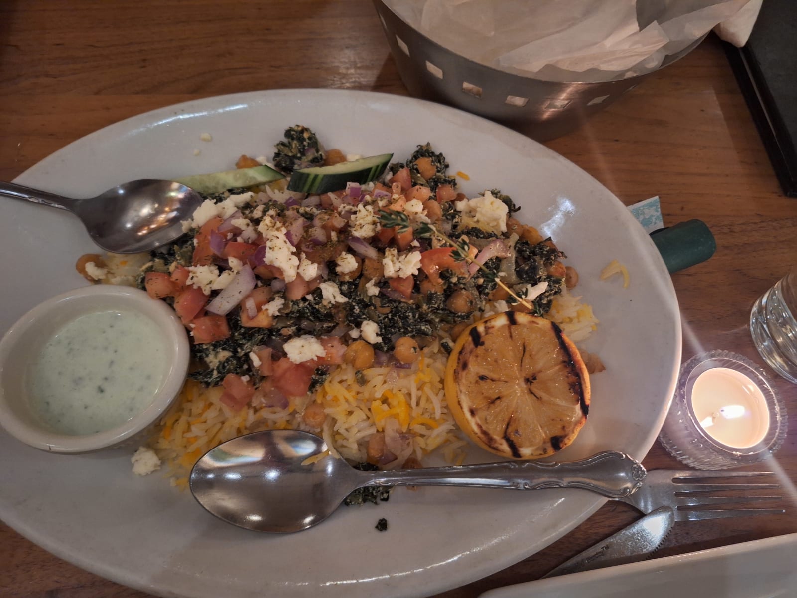 A vegetable plate with chickpeas, greens and feta at Andie's