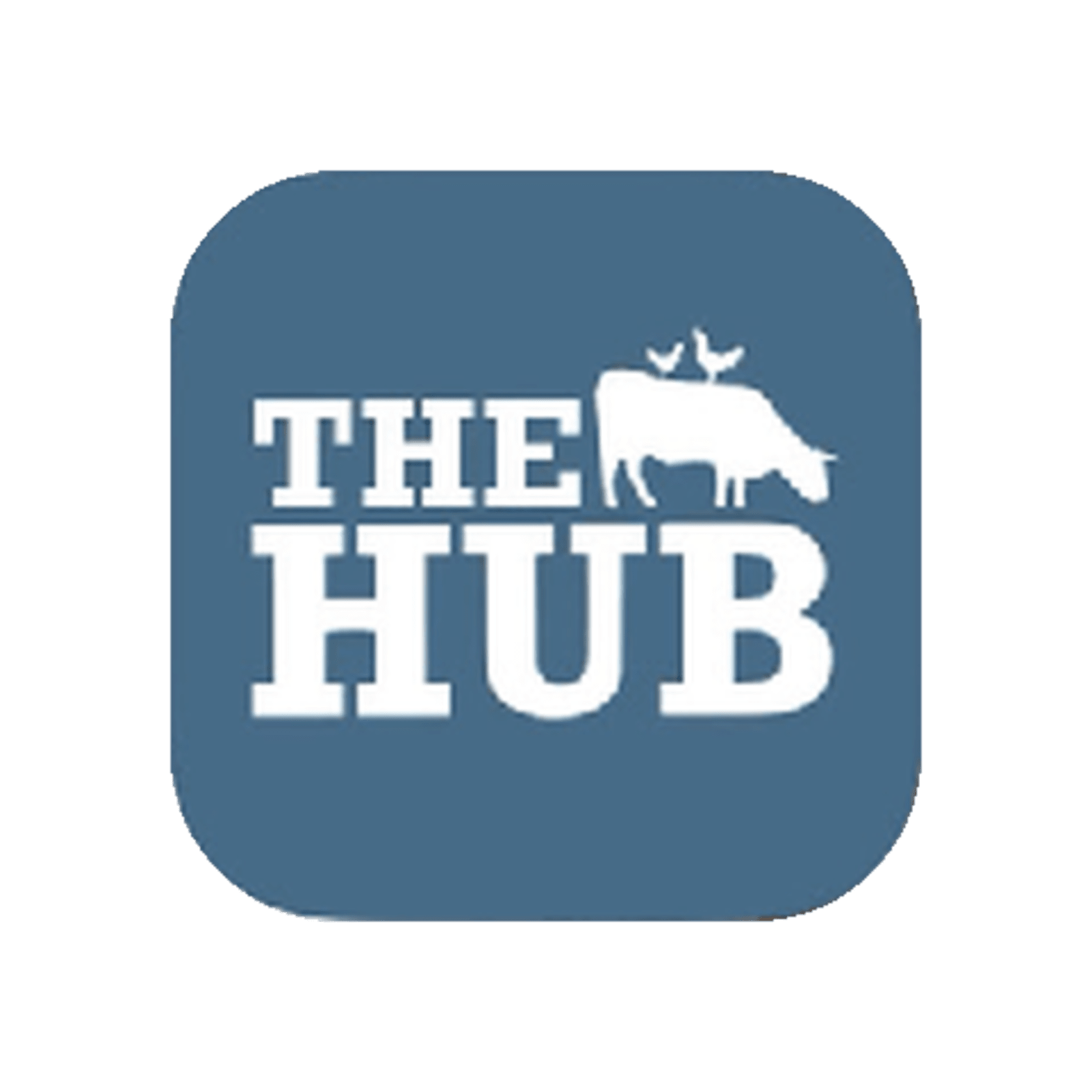 The Hub emblem: a cow with two chickens on its back above the words THE HUB