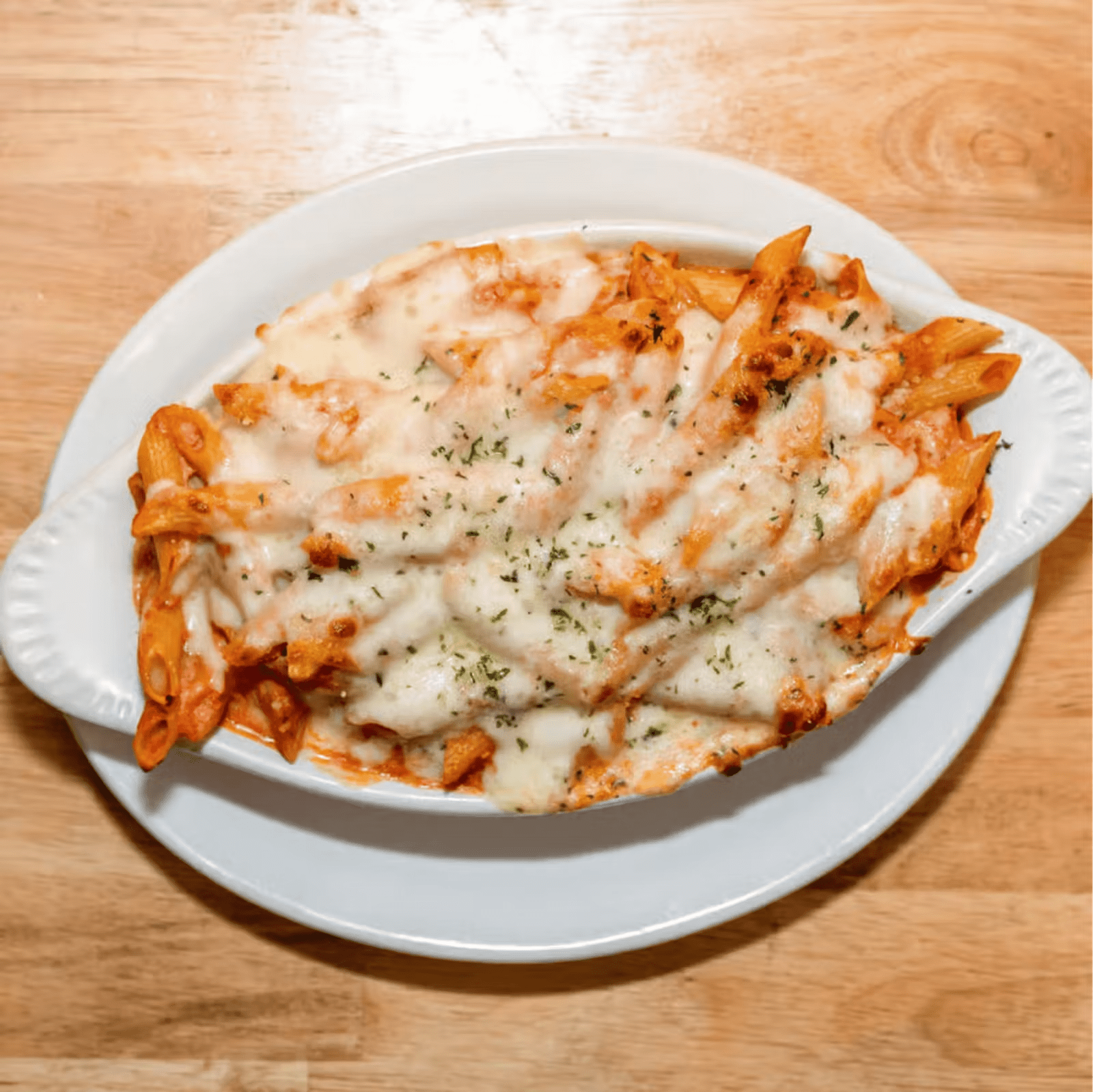 Baked pasta under melted mozzarella