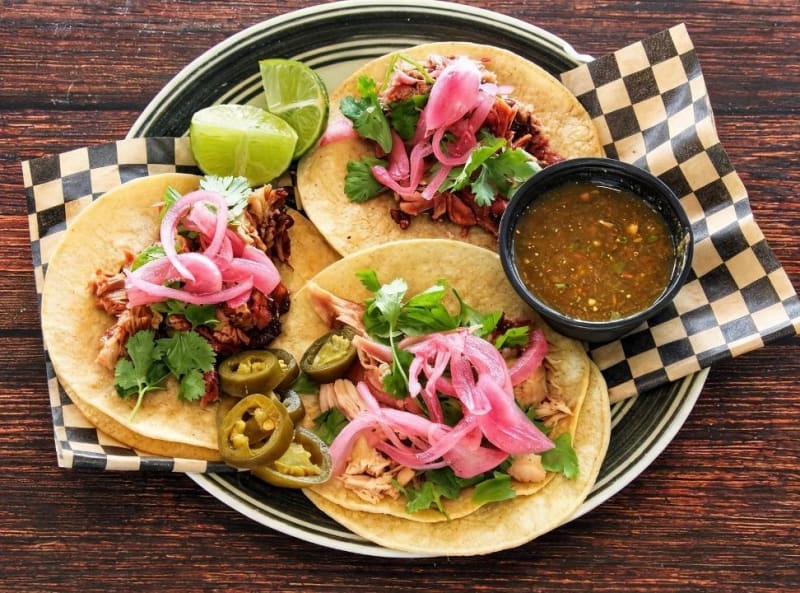 Smoked beef brisket tacos with pickled onion and jalapeno