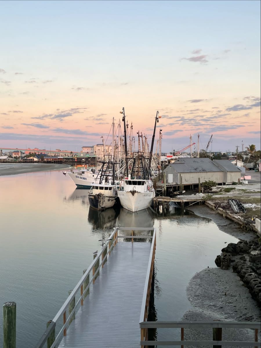 Shrimp boats moored at dusk under a pink sky