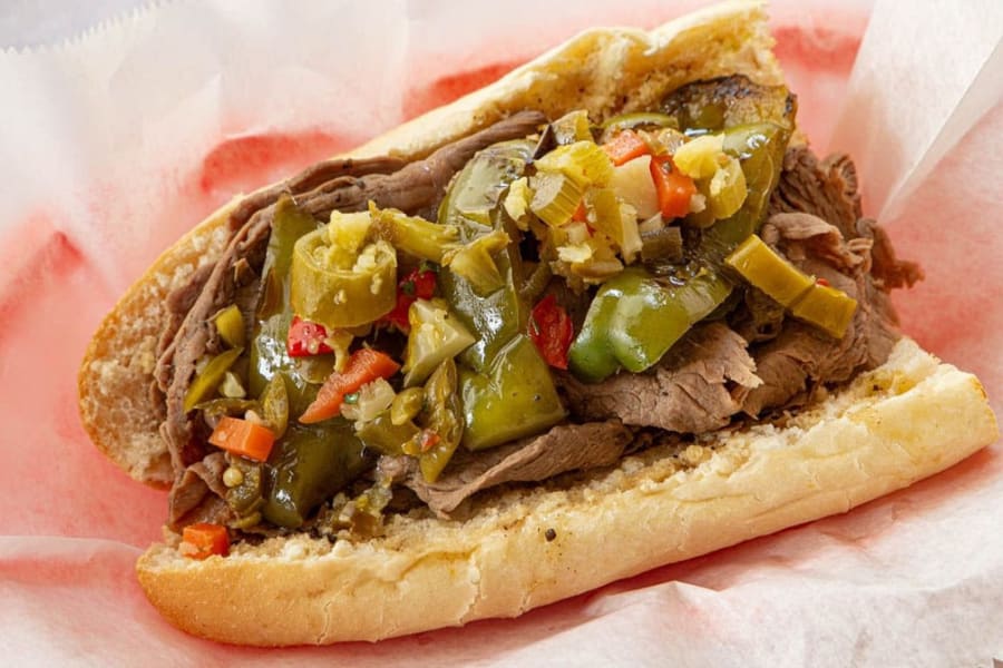 A Chicago-style Italian beef sandwich with giardiniera