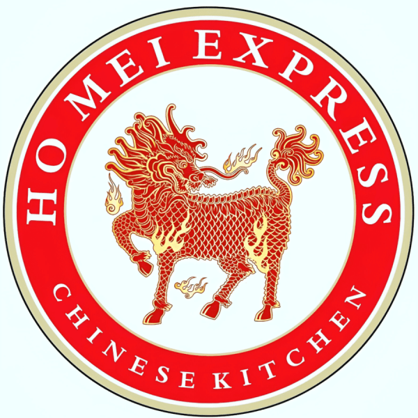 The Ho Mei Express Chinese Kitchen seal: a red and gold qilin inside a red ring
