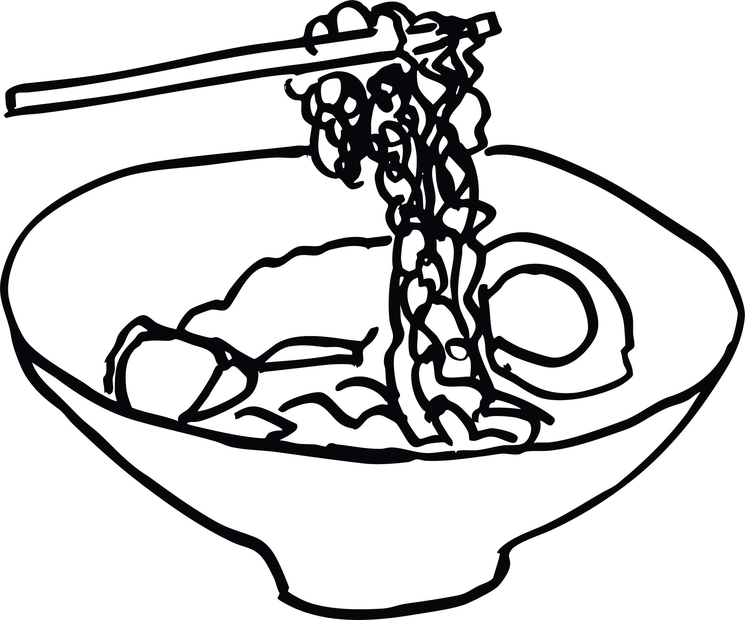 Illustration of a ramen bowl with chopsticks lifting noodles