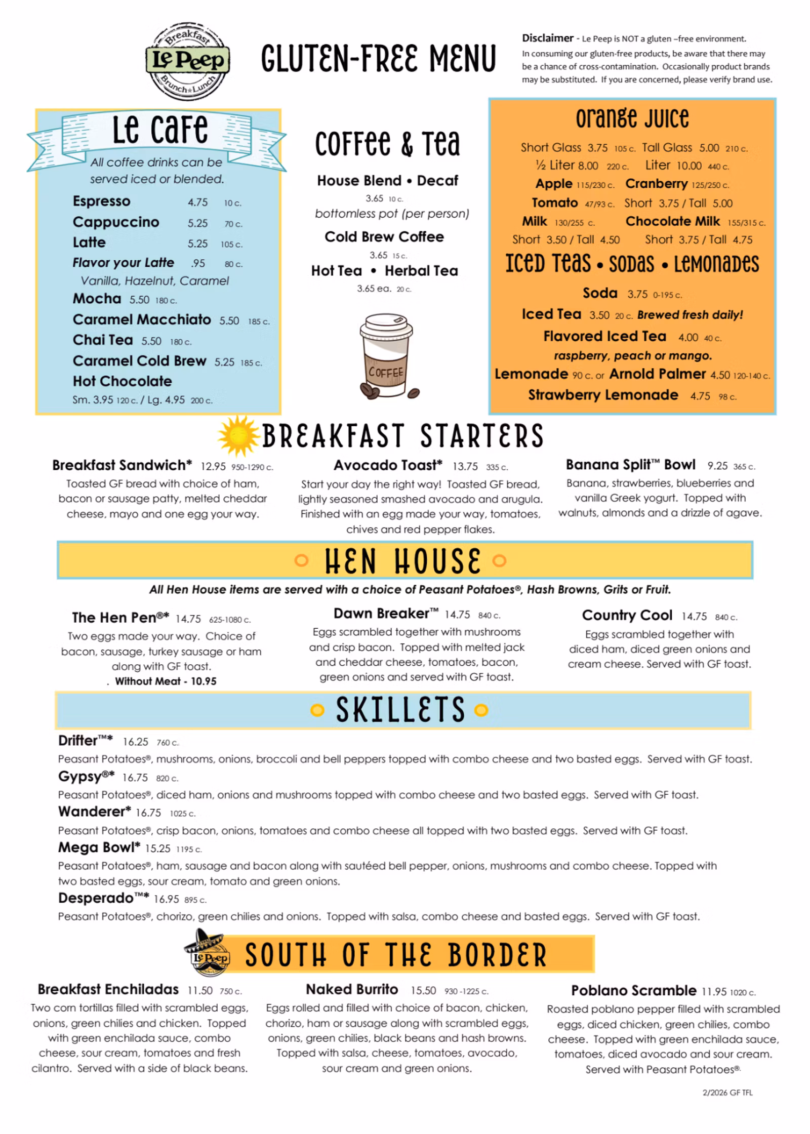 Le Peep Tallahassee gluten-free menu, page 1