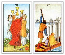 universal rider waite tarot three of cups six of swords