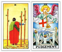 universal rider waite tarot three of wands and judgementt