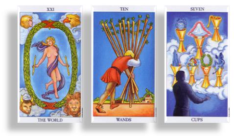 The World, ten of wands, 7 of Cups