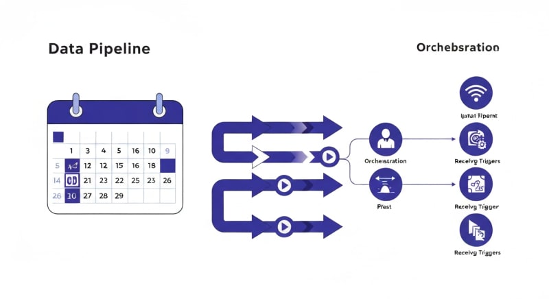 Data pipeline workflow diagram showing TaskCalendars triggering Dagster and Airflow jobs