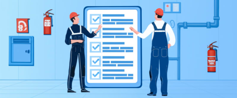 Safety inspector using tablet to complete digital inspection checklist in commercial building