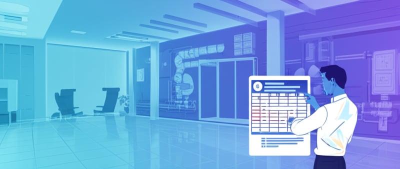 Facilities manager reviewing preventive maintenance schedule on tablet in building lobby