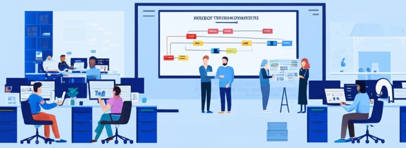 Modern office with multiple teams coordinating around a shared project timeline
