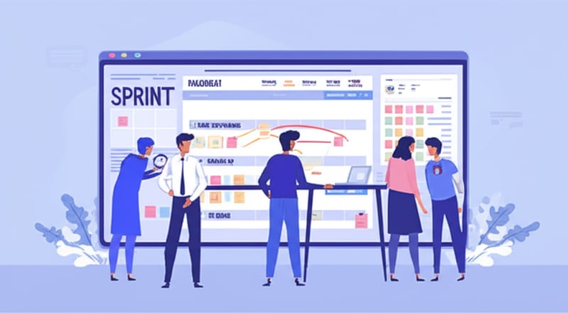 Agile team workspace with digital sprint calendar showing ceremonies and milestones