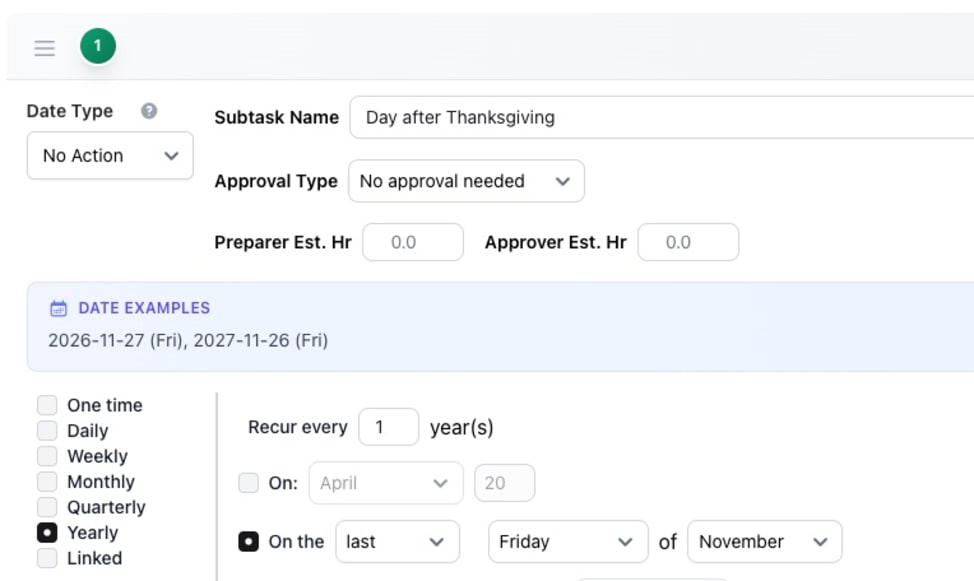 Holiday calendar showing custom holidays like Day after Thanksgiving