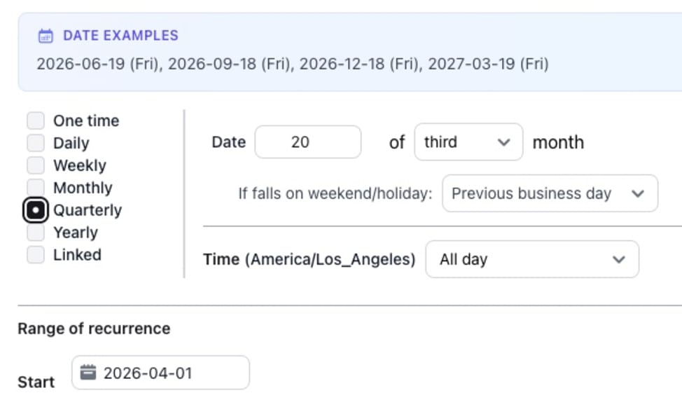 Task scheduling calendar showing recurring task patterns and business day adjustments