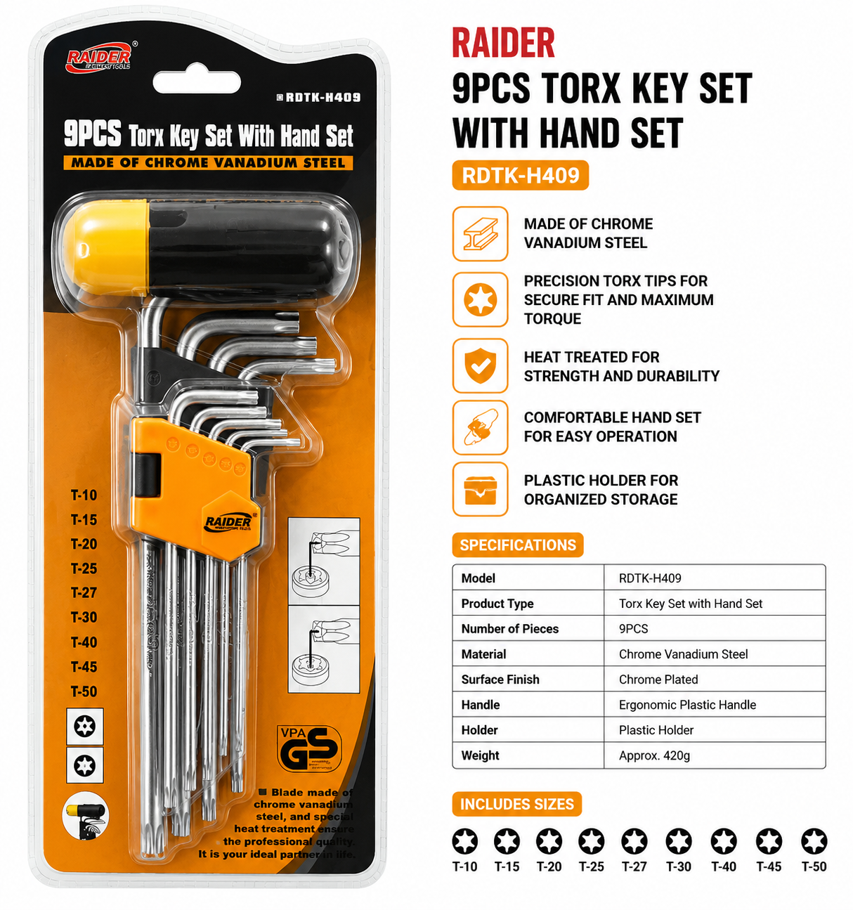 RAIDER RDTK-H409 9PCS Torx Key Set With Handle
