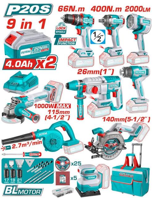 TOTAL 9 Pcs Cordless Industrial Combo Kit (TOSLI250381E)