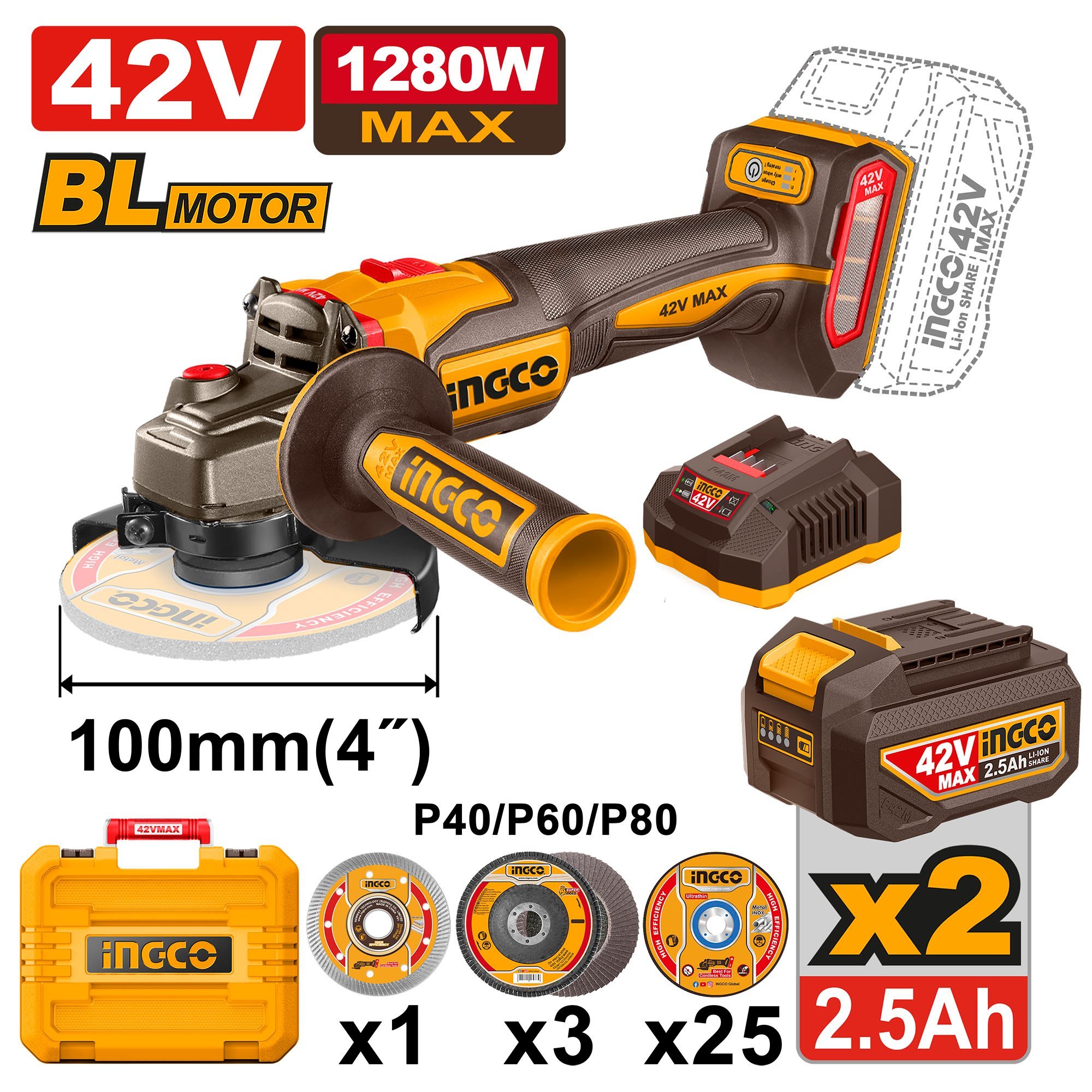 INGCO CAGLI4128102 42V Cordless Angle Grinder