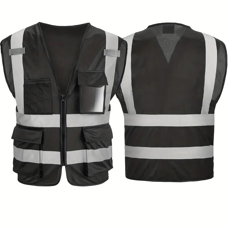 Reflective Safety Vest Black Pockets Class Visibility Security With Zipper
