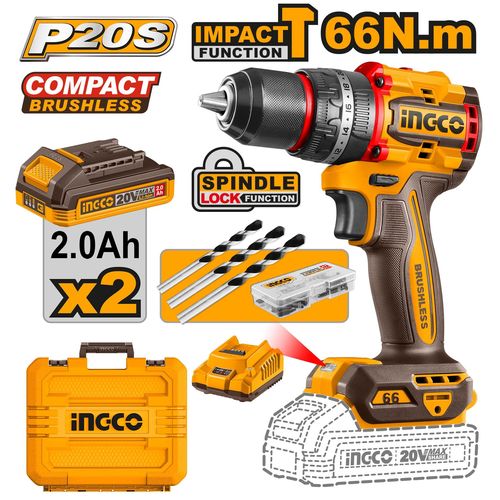 INGCO 20V Cordless Brushless Drill 66Nm (CDLI20668)