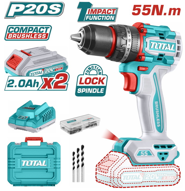 TOTAL Compact Brushless Cordless Impact Drill -55 Nm (TIDLI20558E)