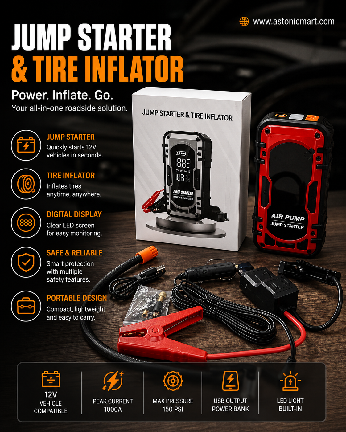 Portable 12V Jump Starter & Tire Inflator - 4 In 1