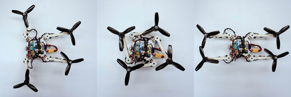 Three configurations of a foldable drone from the University of Zurich; the T configuration, the O configuration, and the H configuration