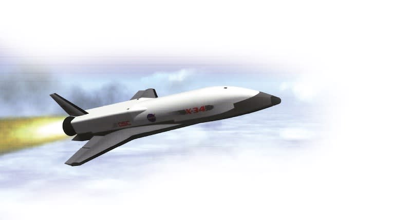 Rendering of X-34 experimental spaceplane in flight