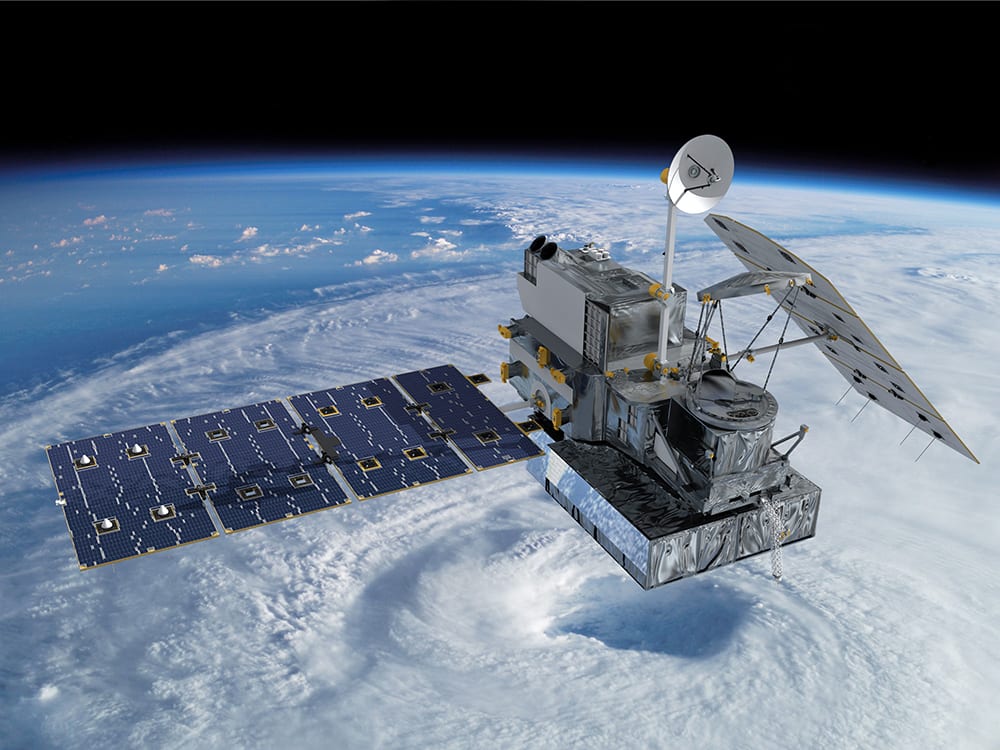 An artist‘s rendering of the Global Precipitation Measurement (GPM) Core Observatory in low Earth orbit over a hurricane