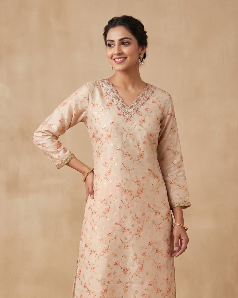 Peach-Beige Floral Embroidered Chanderi Silk Kurta Set