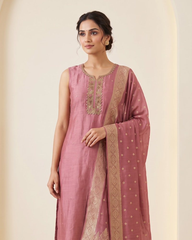 Dusty Rose Vichitra Silk Salwar Suit Set