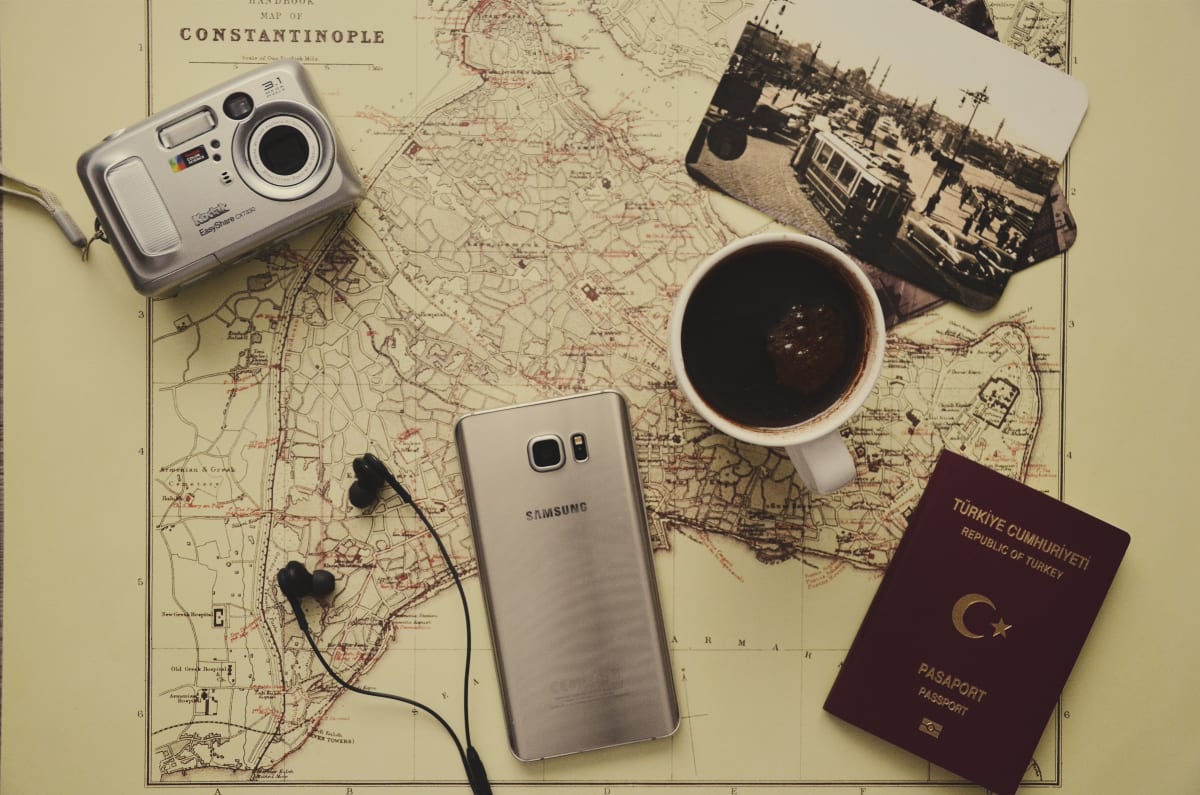travel ready: a map, a camera, mobile phone, passport...and most importantly a cup of coffee