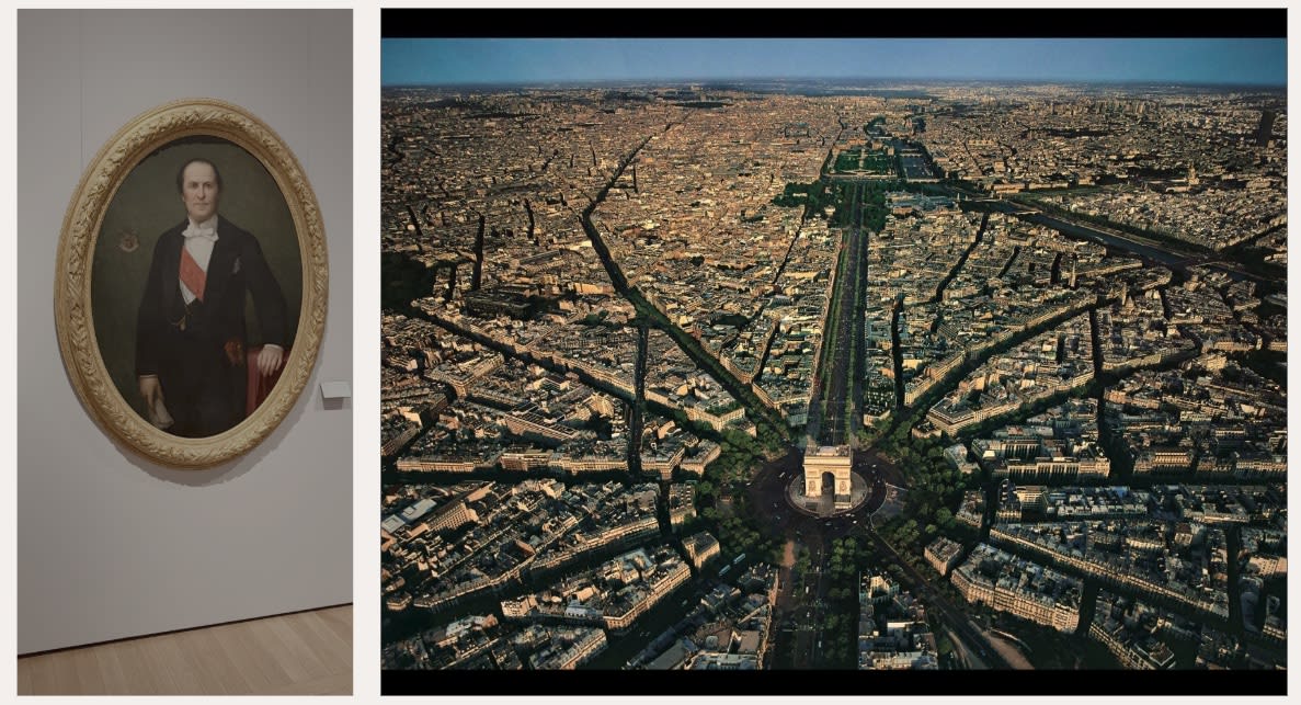 Portrait of Baron Haussmann beside an aerial view of Paris, with wide boulevards radiating from the Arc de Triomphe