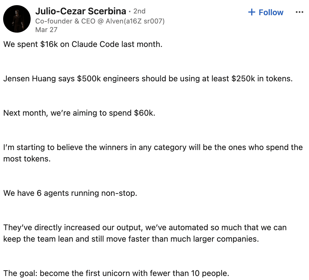 LinkedIn post by Julio-Cezar Scerbina, co-founder and CEO at Alven: We spent $16k on Claude Code last month. Jensen Huang says $500k engineers should be using at least $250k in tokens. Next month, we're aiming to spend $60k. I'm starting to believe the winners in any category will be the ones who spend the most tokens. We have 6 agents running non-stop. The goal: become the first unicorn with fewer than 10 people.