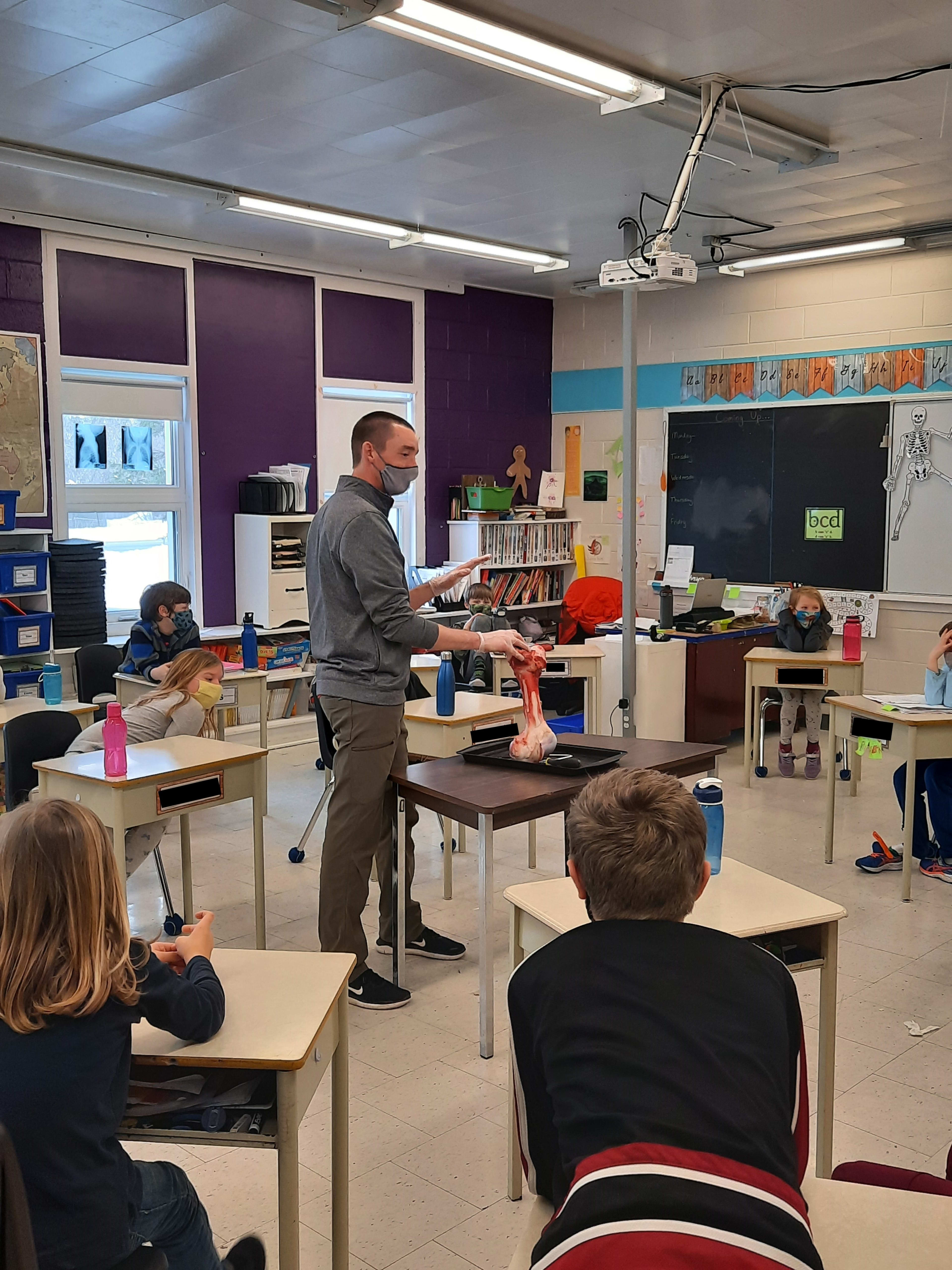 Mr Johnson showing the children a cow's bone
