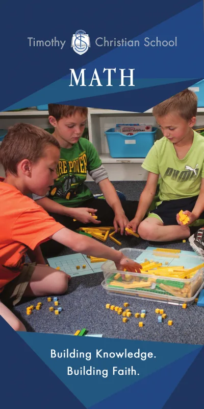 Math Banner:  Three students are using hundreds, tens, and ones blocks to practice math.