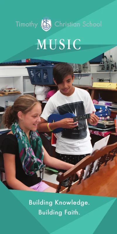 Music Banner:  Two students are playing music together on the piano and the ukulele.