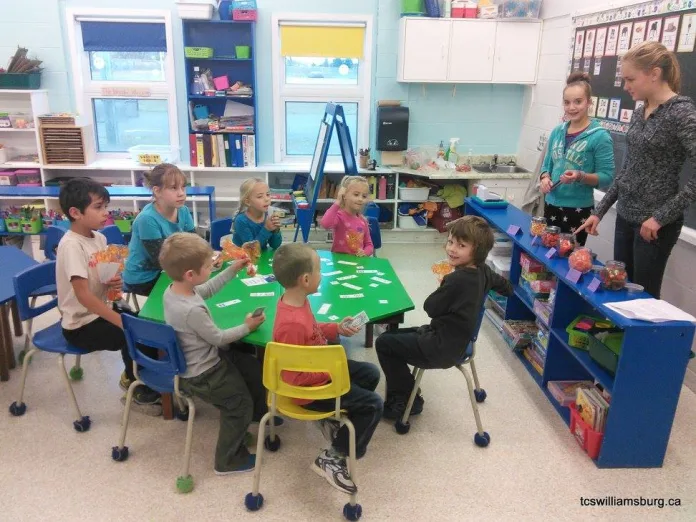 Young students are sitting around a table while older students are doing an activity with them.